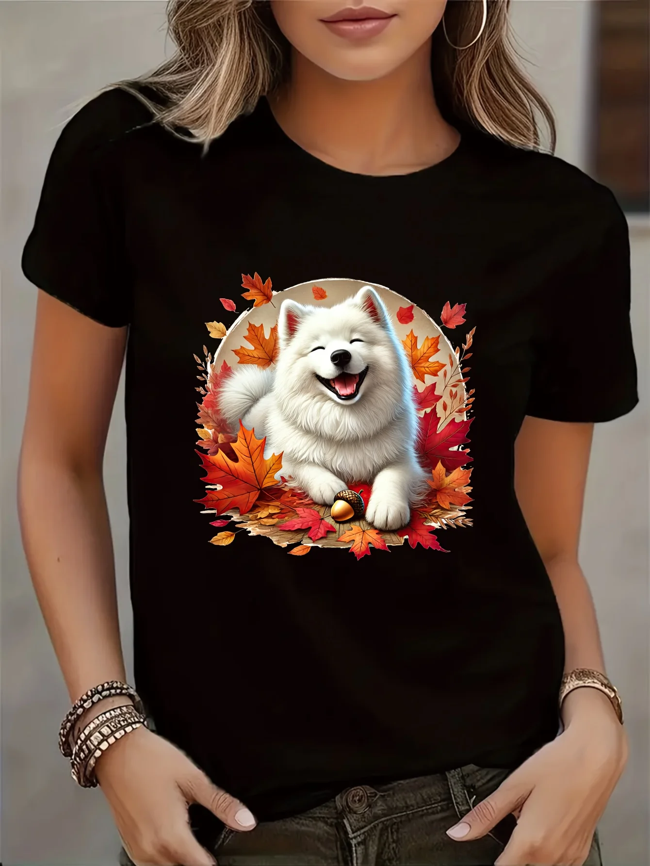 Women's Casual Short Sleeve T-Shirt Samoyed Dog Autumn Leaves Geometric Print Semi-Sheer Round Neck Breathable