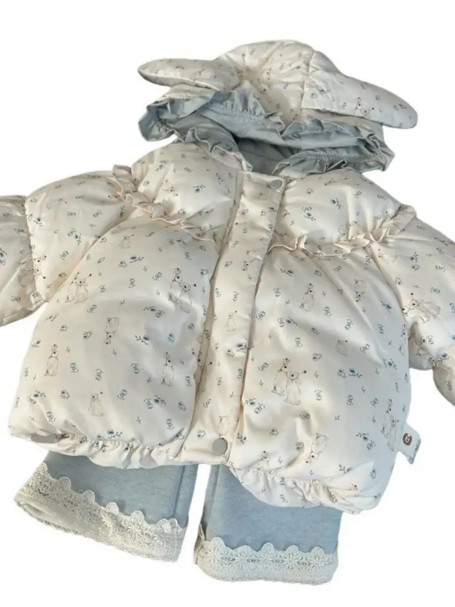 Koreanisches Kinder-Winteroutfit 2025 Neuerscheinung Cartoon Hasenohren Baumwolljacke mit Rüschenhose Zweiteiliges Set für G...
