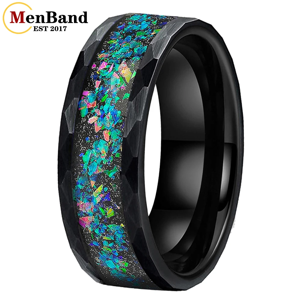 

MenBand 6/8mm Black Hammered Tungsten Ring for Men Women Galaxy Opal Inlay Fashion Jewelry Engagement Wedding Band