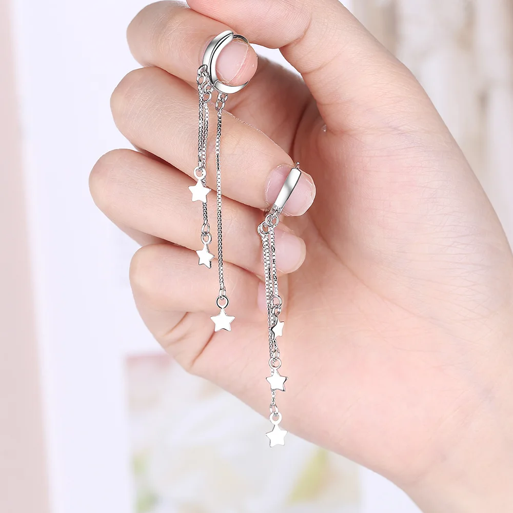 Fashion Female Fine Jewelry 2026 Fall New Arrival Stamp 925 Sterling Silver Star Long Tassel Hoop Earrings For Women