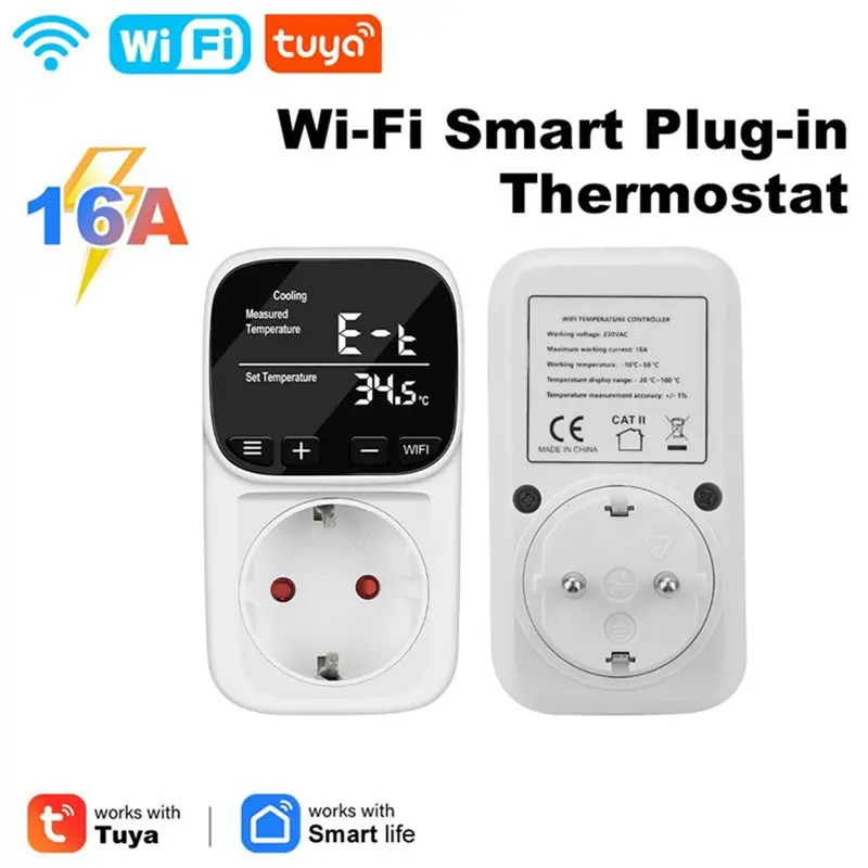 ABQU Smart WiFi Thermostat Socket EU Plug Tuya App Remote Control Timer Sensor Probe Heating Cooling for Home Greenhouse