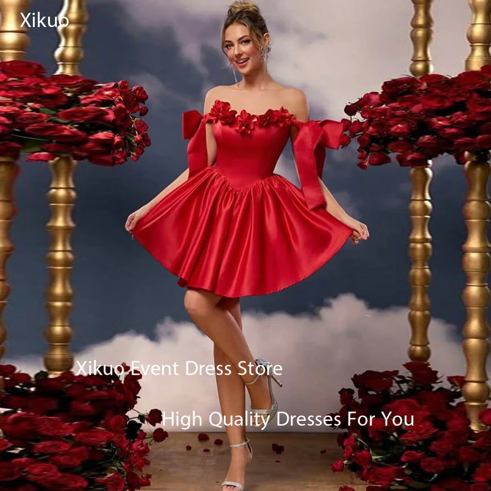 

Xikuo Elegant Red Satin Homecoming Dress 3D Flowers Bow Pageant Dress Above Knee Strapless Graduation Formal Gowns Customized