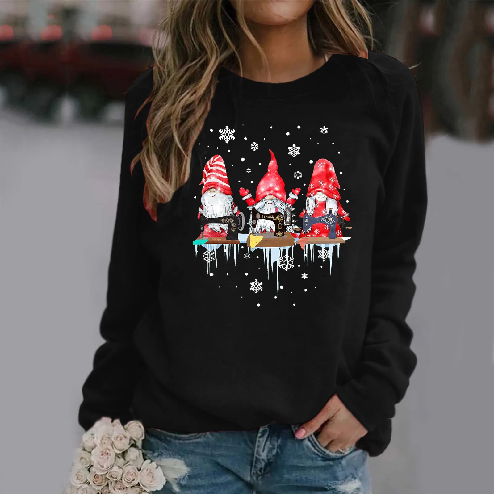 

Quilted Hoodies Women Ladies Sweatshirt Easy Merry Christmas Round Long Sleeve Print Blouse Top Long Sleeve T Shirts