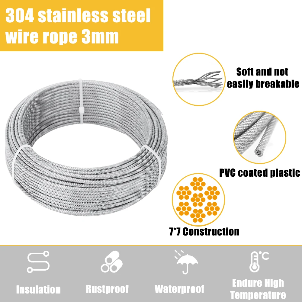 3mm Stainless Steel Wire Rope PVC Coating 20M Cable Suspension Kit for Fence Safety Protection Tent Sunshade