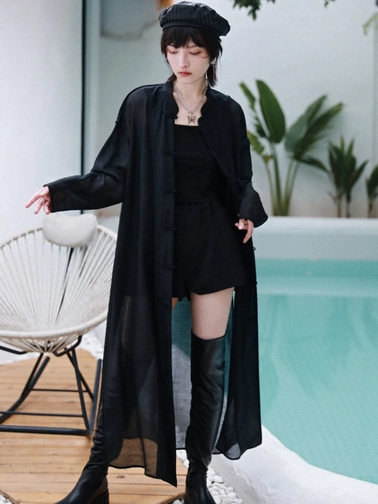 Chinese Style Shirts Women Design Retro Side-slit Simple Sun-proof Summer Stand Collar All-match Pure Breathable Mid-length Chic