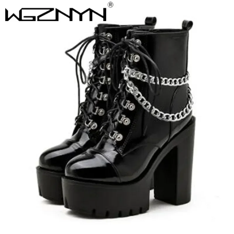 

Роскошная черная готическая женская обувь, осенние женские ботильоны на высоком каблуке, сексуальная цепочка в стиле панк, лакированные кожаные ботинки для вечеринки на молнии