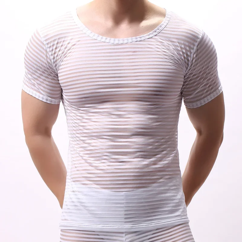 Men Undershirts Mesh Striped Transparent Tops Tee camiseta interior hombre Casual Muscle Bodybuilding Fitness T-shirt Underwear