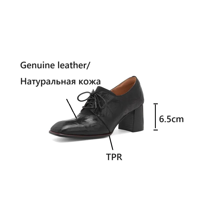 NEW Spring/Autumn Women Pumps Genuine Leather Shoes for Women Square Toe Chunky Heel Shoes Concise Black Lace-up Handmade Shoes