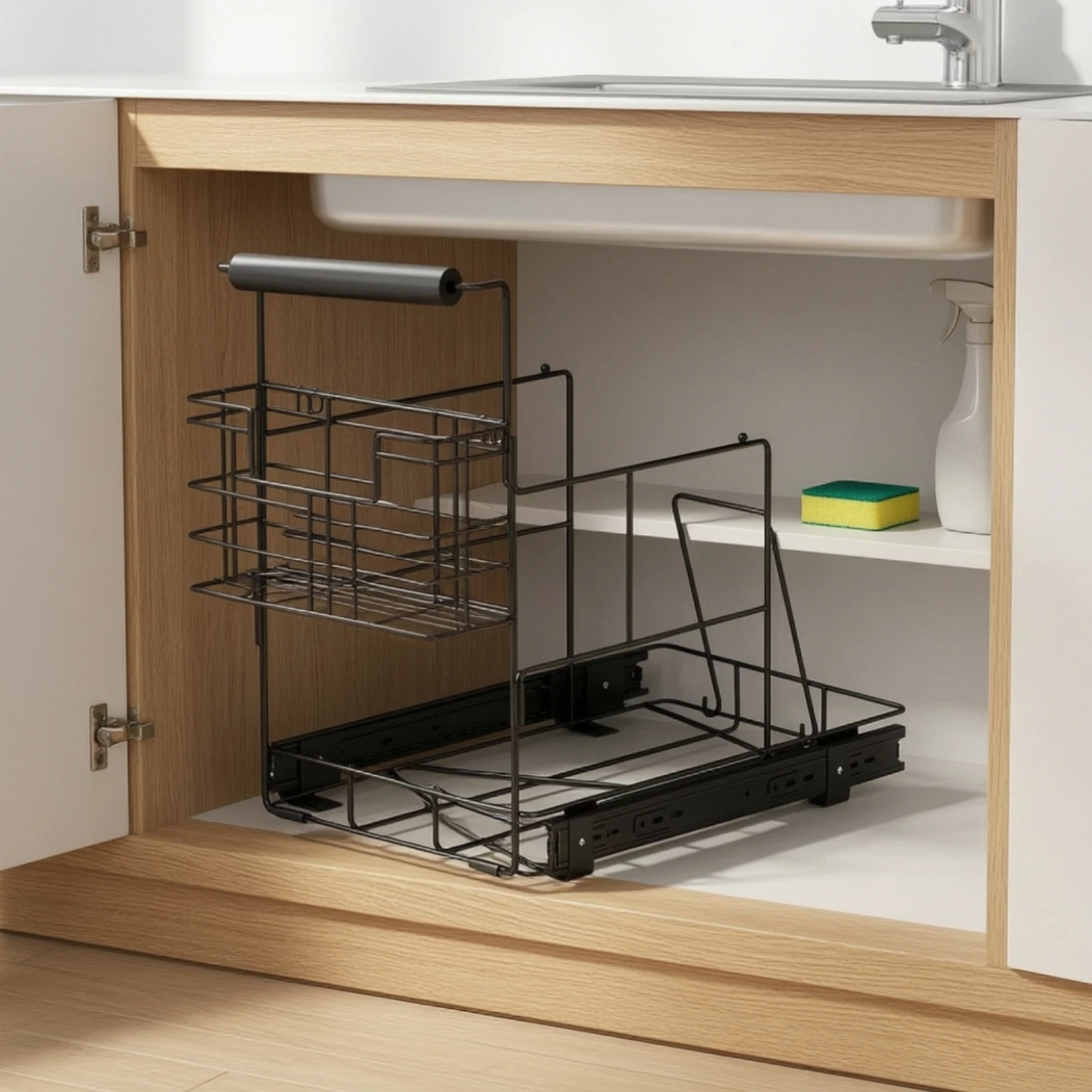 Pull-out Trash Can Rack Space-Saving Trash Can Pull-out Organizer Sliding Cabinet Organizer with Basket Adjustable for Kitchen