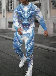 Spring And Fall Men's Long Sleeve Pant 2pcs Sets Dragon Striped 3D Animal Print Man Set Everyday Fashion Men Long Sleeved Tshirt