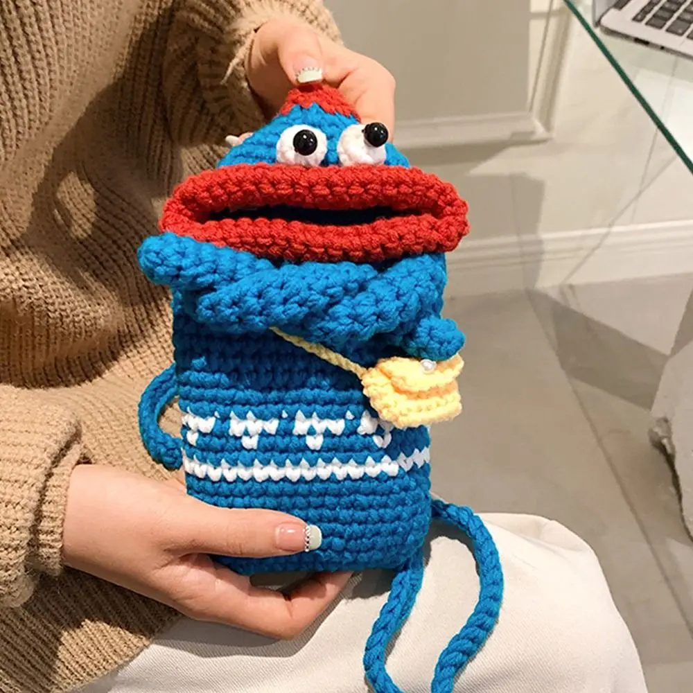 Funny Korean Style Sausage Mouth Knit Phone Bags Cartoon Handbag Small Messenger Bag Coin Purse Handmade Crochet Bag Girls