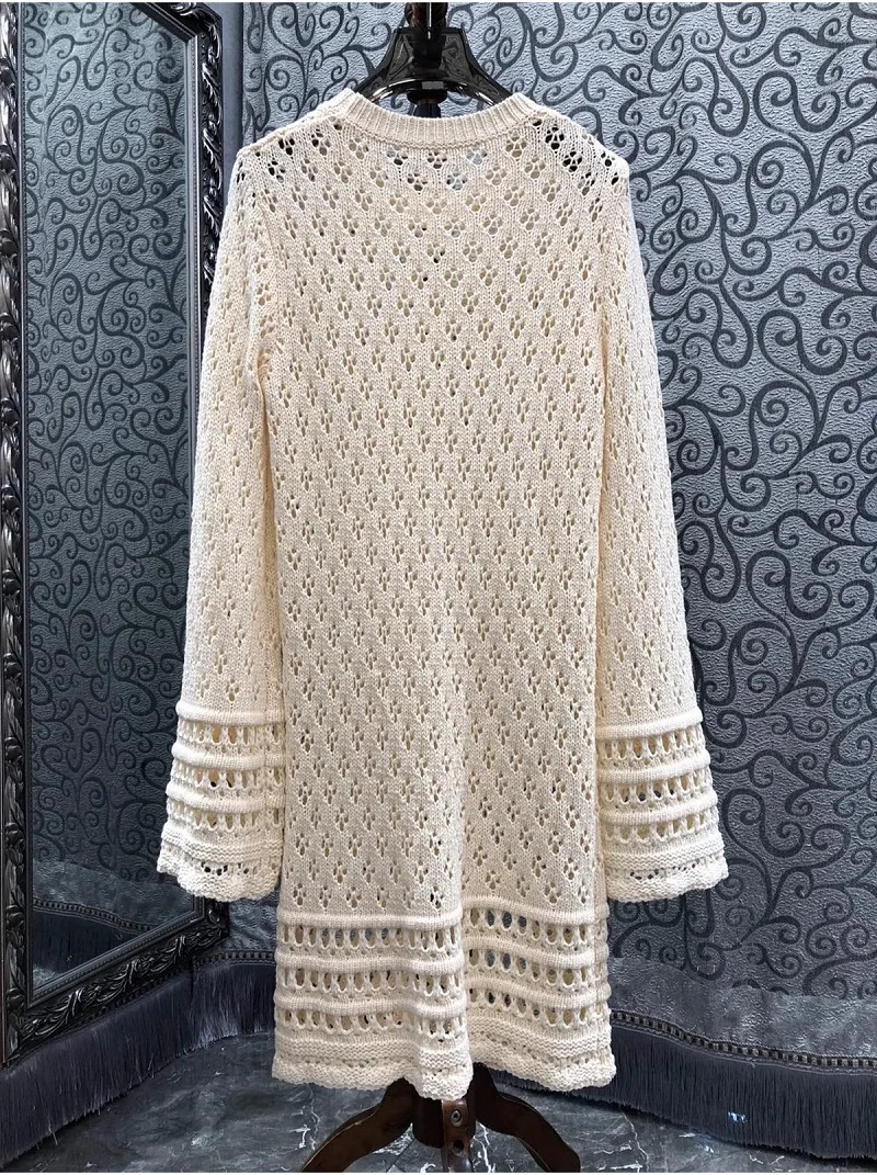 2024 Autumn Fashion Sweater Dress High Quality Women Allover Crochet Knitting Long Sleeve Casual Long Sweater Dress Winter Wear