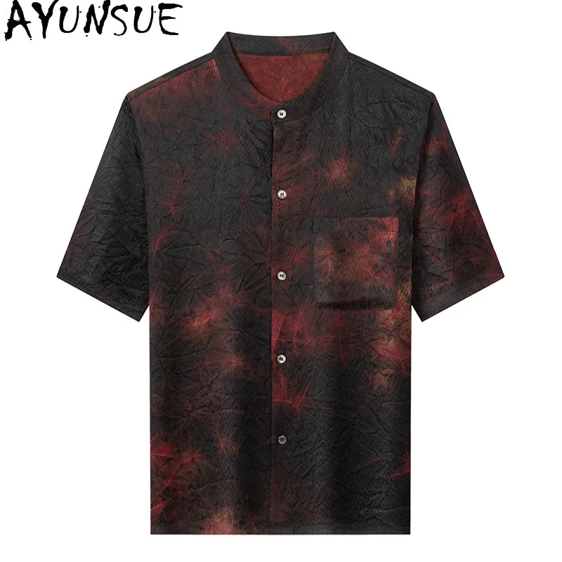 AYUNSUE Gauze Silk Short Sleeve Shirt for Man Clothing 2025 Summer 100% Mulberry Silk Fashion Stand Collar Loose Mens Shirts
