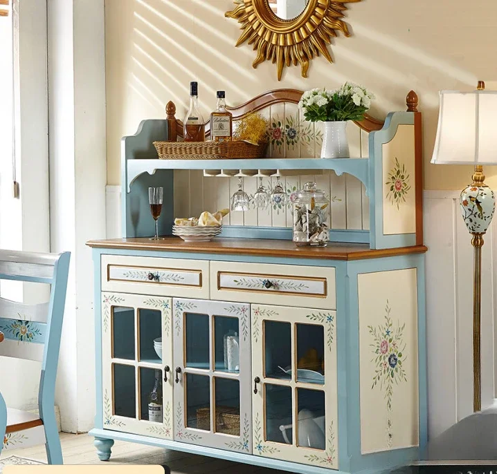 Mediterranean style wine cabinet three-door meal painted blue large-capacity side cabinet idyllic integrated wall