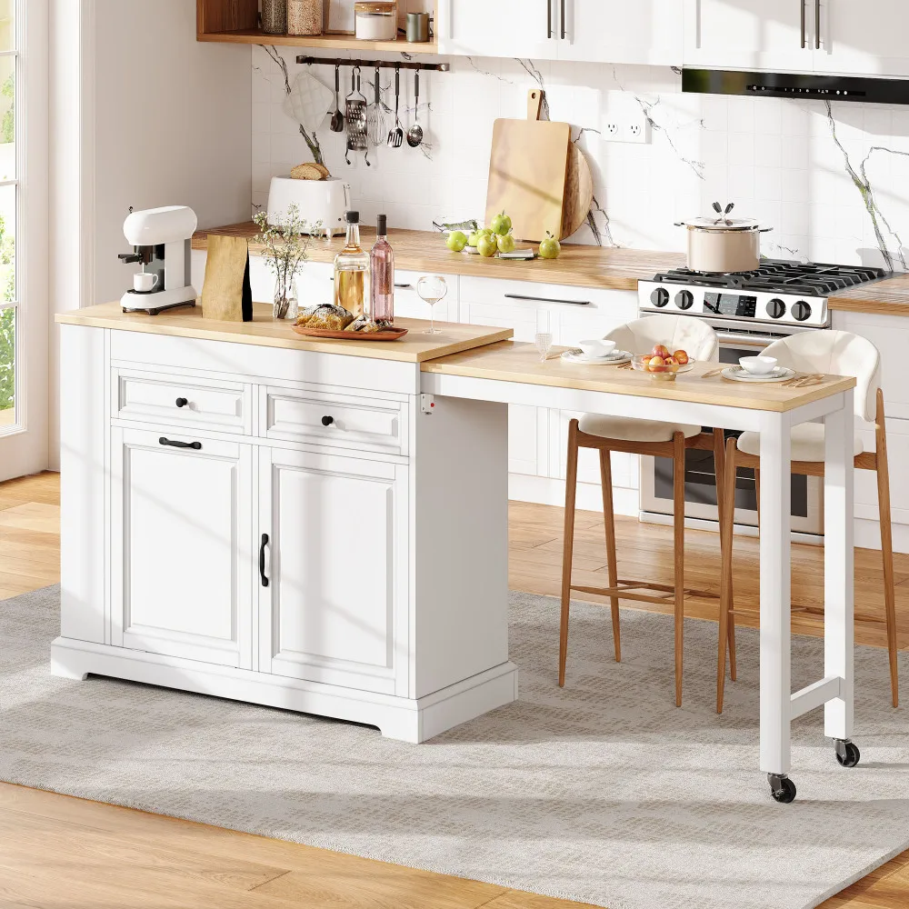 Picture 3: Multifunctional Mobile Kitchen Island on Rollers, Freestanding Extendable Kitchen Island with Pull-out Extractable Dining Surface, Hidden Trash Bin and Multiple Drawers, Practical Rolling Storage Unit for Kitchen & Dining Room