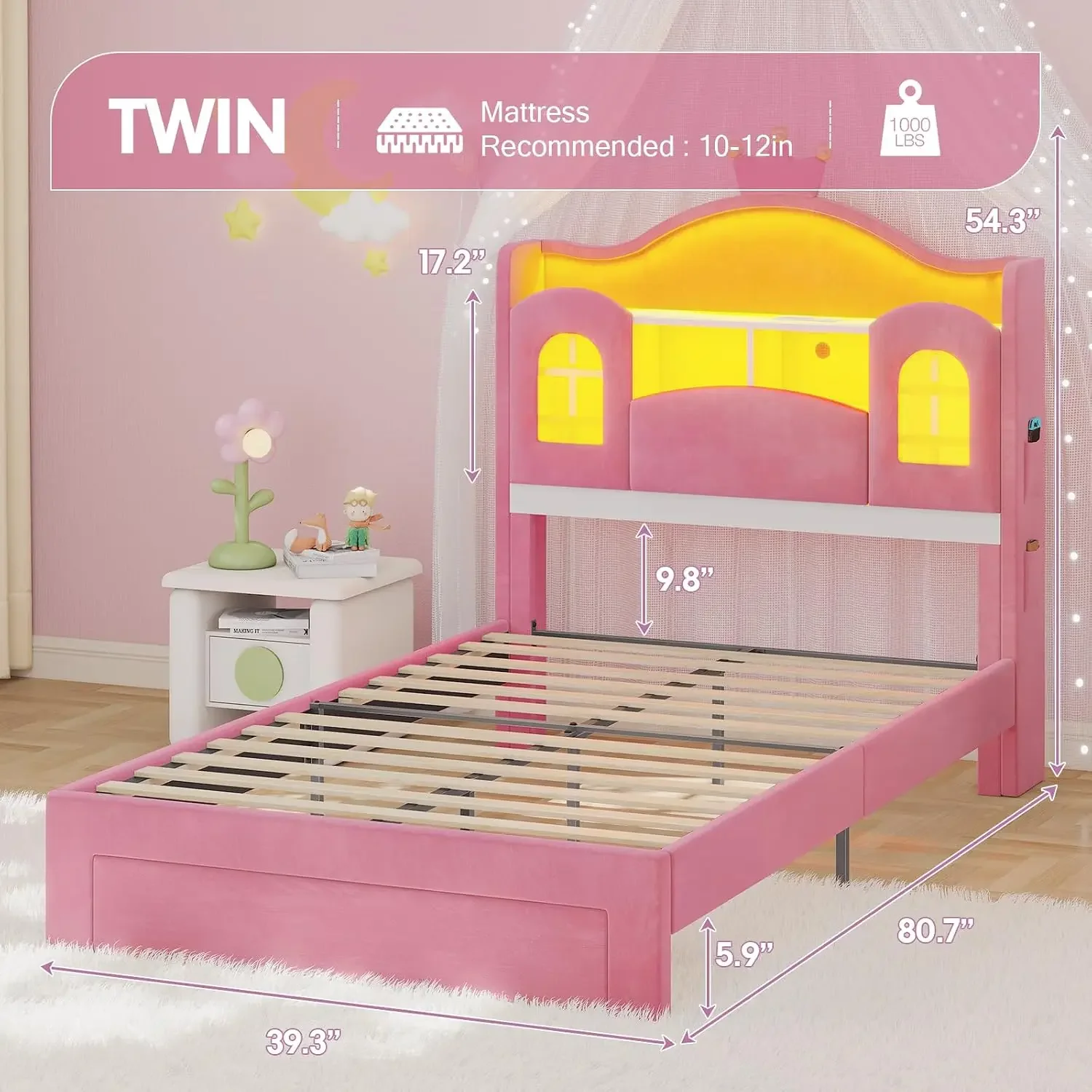 USA Stock Twin Bed Frames For Girls With Storage Headboard,Pink Princess Bed With Led Lights,Charging Station,Crown,Sturdy Platf
