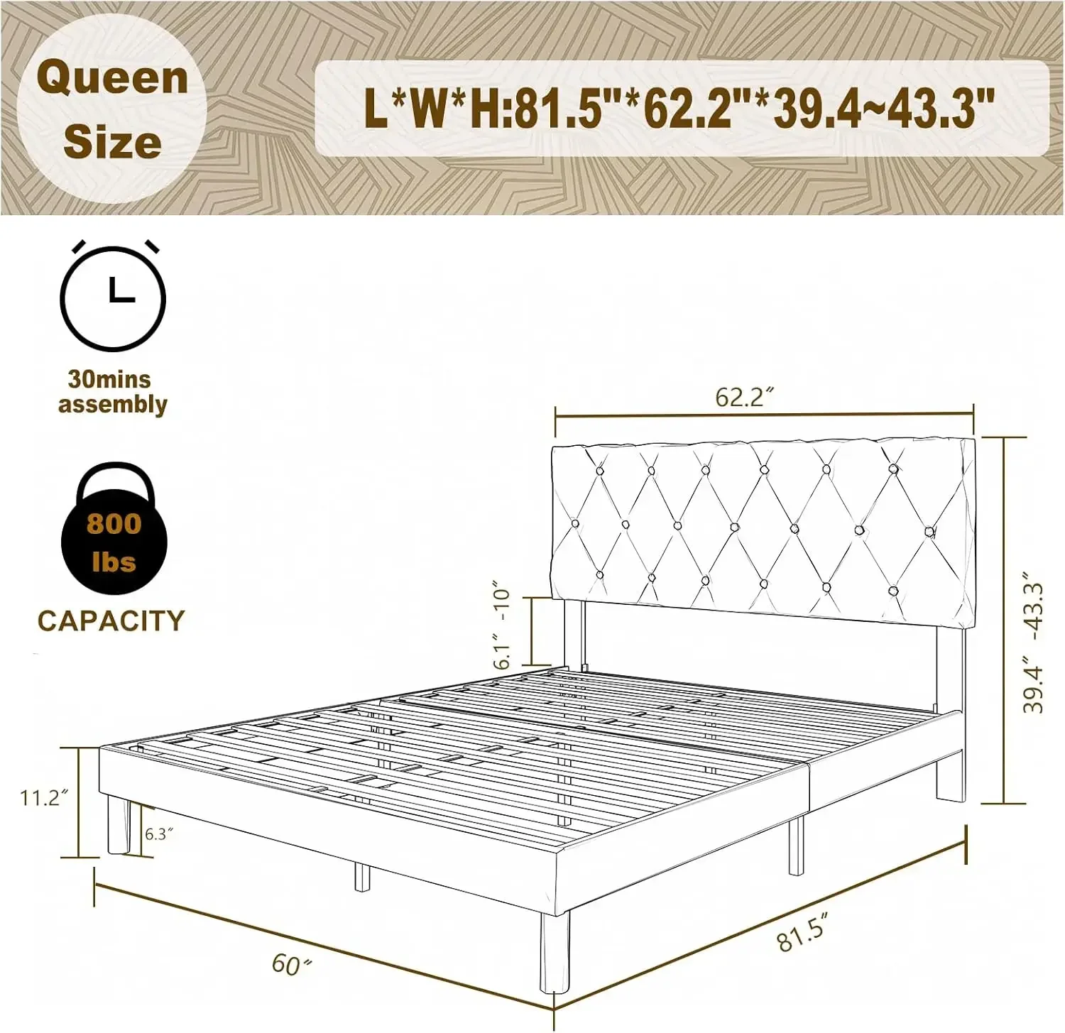 Bingkai tempat tidur ukuran Queen, Platform berlapis kain beludru dengan Headboard, perakitan mudah, tidak ada kotak pegas yang diperlukan, anti-selip dan bebas kebisingan