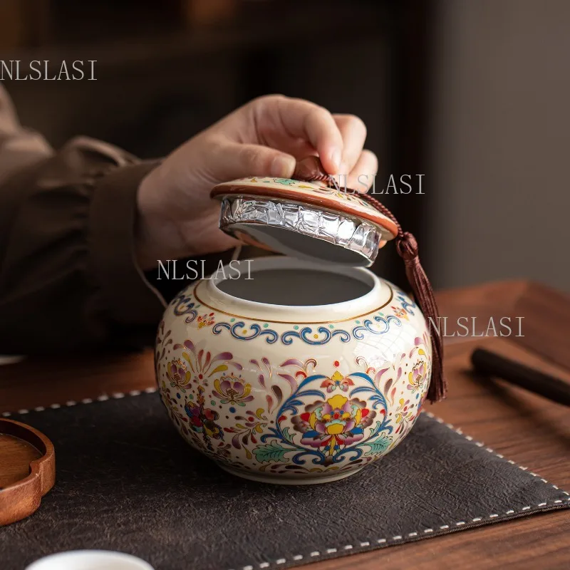 800ml Enamel Color Tea Caddy Interlocking Floral Ceramic Tea Canister with Tassel Sealed Tea Storage Jar Chinese Home Decor
