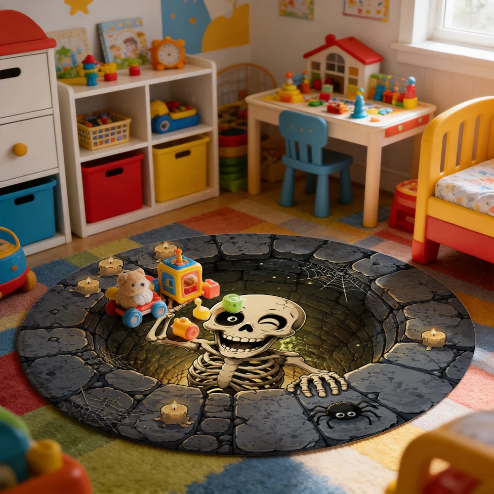 Spooky Skeleton Skull Tombstone Halloween Area Rug for Party Decor Gothic Horror Entrance Mat