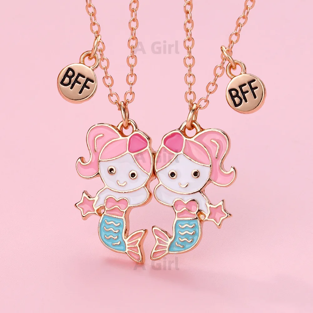 A Girl 2Pcs/set Cartoon Animal Series Unicorn Mermaid Capybara Pendant Best Friend Necklace BFF Friendship Jewelry Gifts view 3