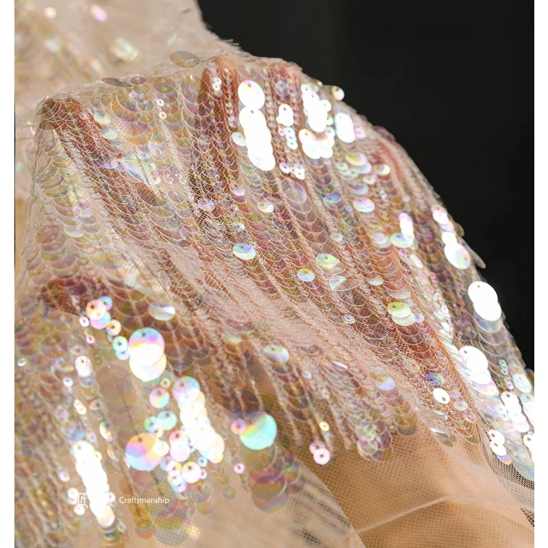 50x125cm Iridescent Scale Sequin Tulle Fabric Glitter Drop Linear Embroidery Bead Mesh Fabric for Gown DIY Costume Dress Making