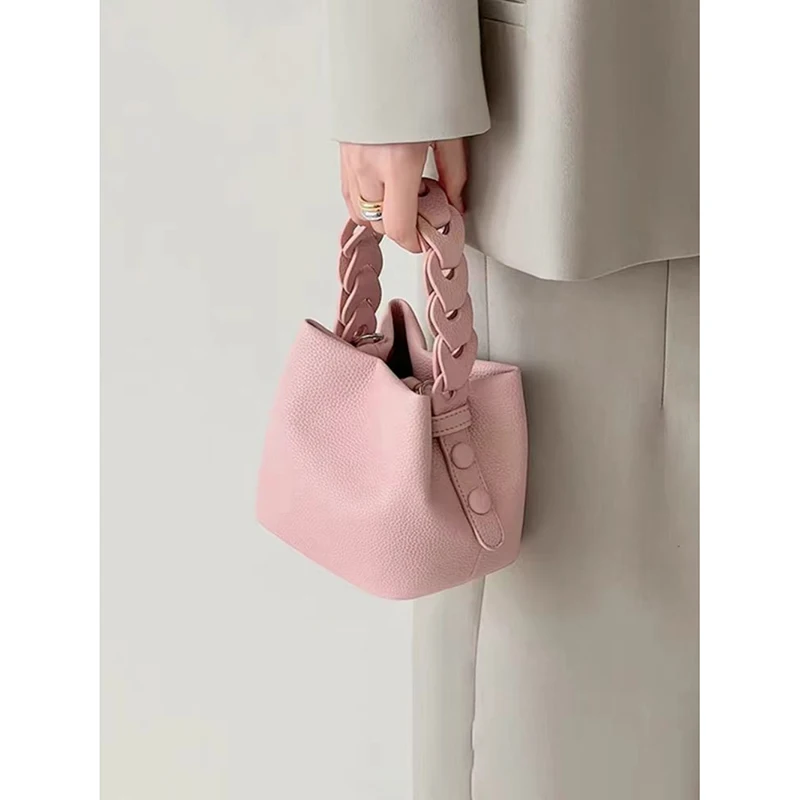 High Quality Soft Lychee Leather Bucket Bag Women\'s Summer Solid Color Woven Handbag 2024 New Fashion Simple Style Crossbody Bag