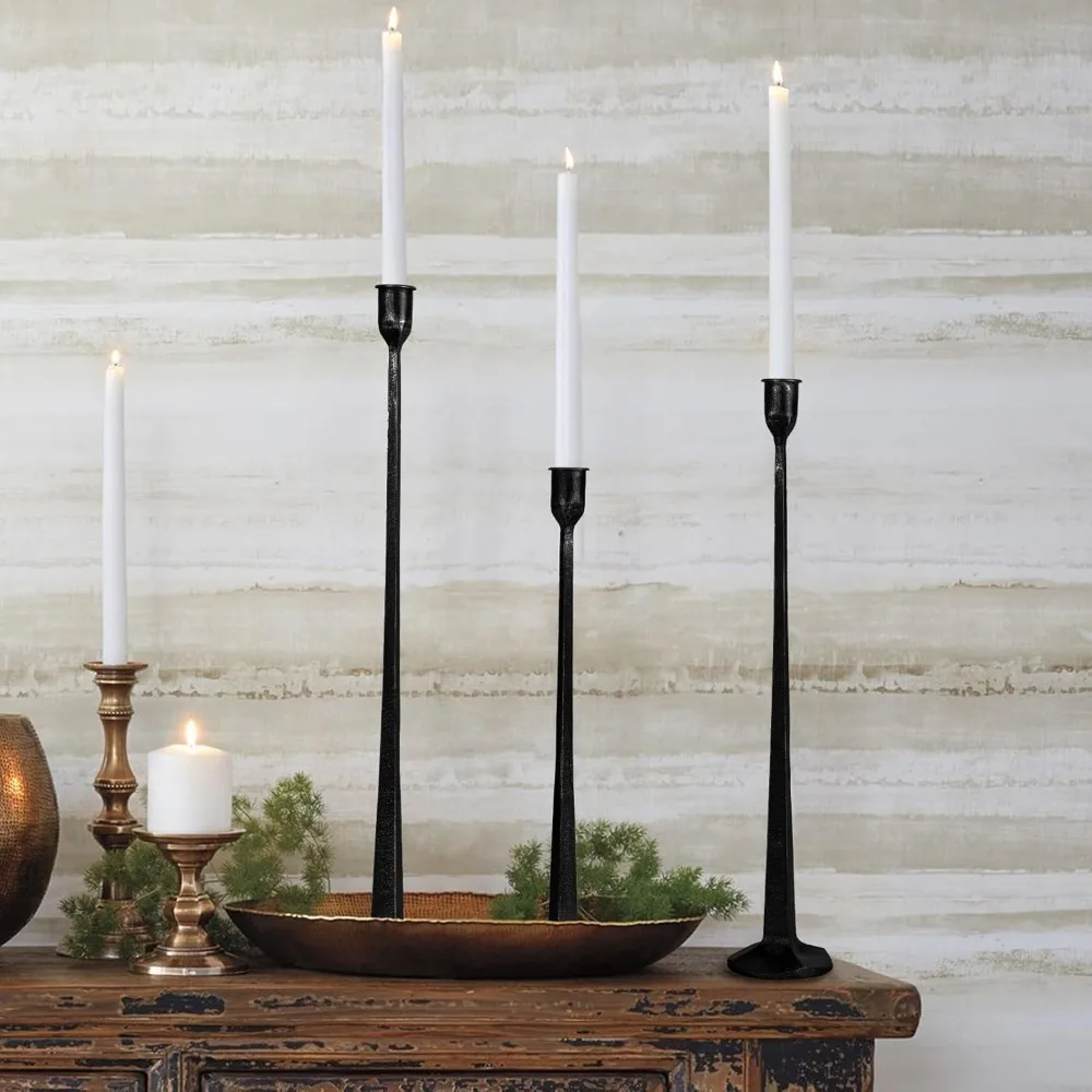 Rustic Iron Taper Candle Holder Set - 14“, 17”, 19“ High Decorative Candle Stand for Weddings, Dinners, Parties - 3-Piece