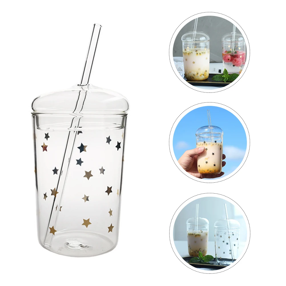 

Glass Sippy Cup Water Bottle with Straw Milk Vintage Drinking Glasses Beverage Tumbler Crystal Mug Travel
