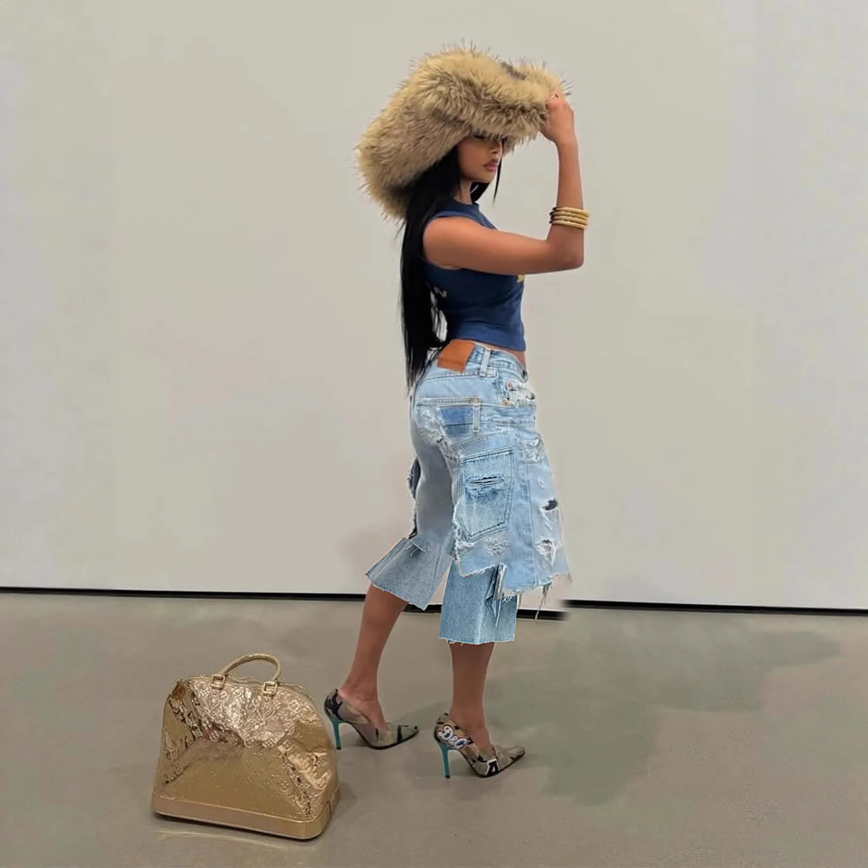 2026 new fashion zipper hole fake two-piece jeans women summer casual loose retro solid color pocket cropped pants for women