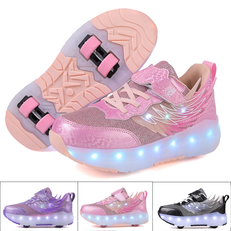 

Children's Sneakers LED Light Up Roller Shoes Outdoor Parkour Skates Dual-Use Girls Boys Casual Skateboarding Shoes Sneakers