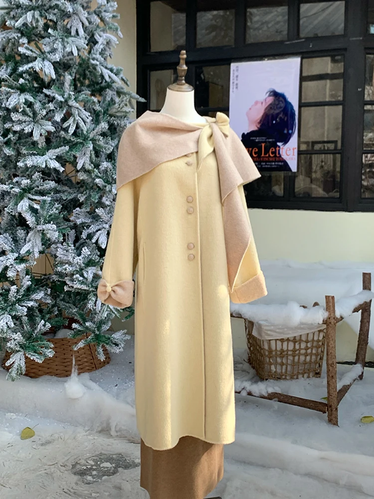 

Korean Sle Woolen Coat Women's Winter Faionable Medium-Length Cowl Ne Wrap Casual Warm Polyester Fiber Long Sve