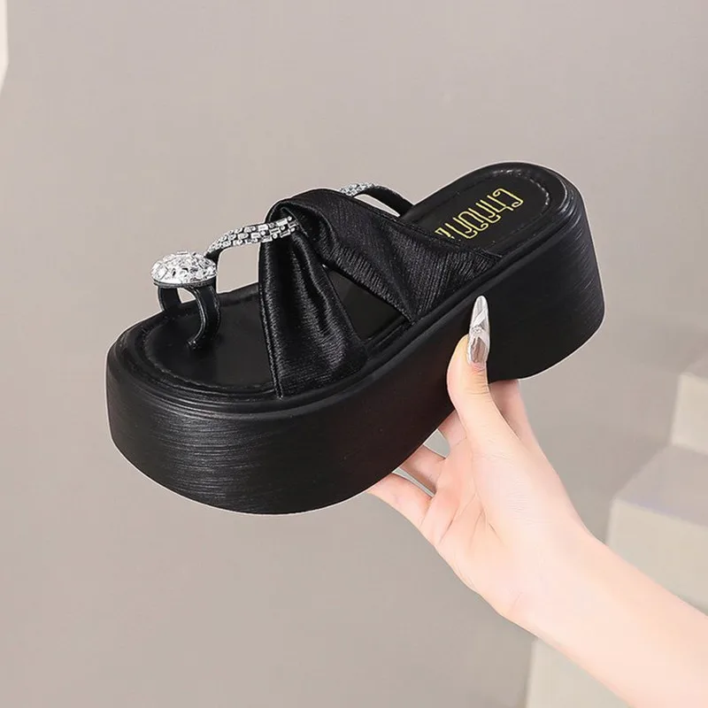 

8.5CM Summer Crystal Women Beads Chunky Slippers Ladies Beach Flip-Flops Wedges Heels Outside Sandals Woman High Platform Shoes