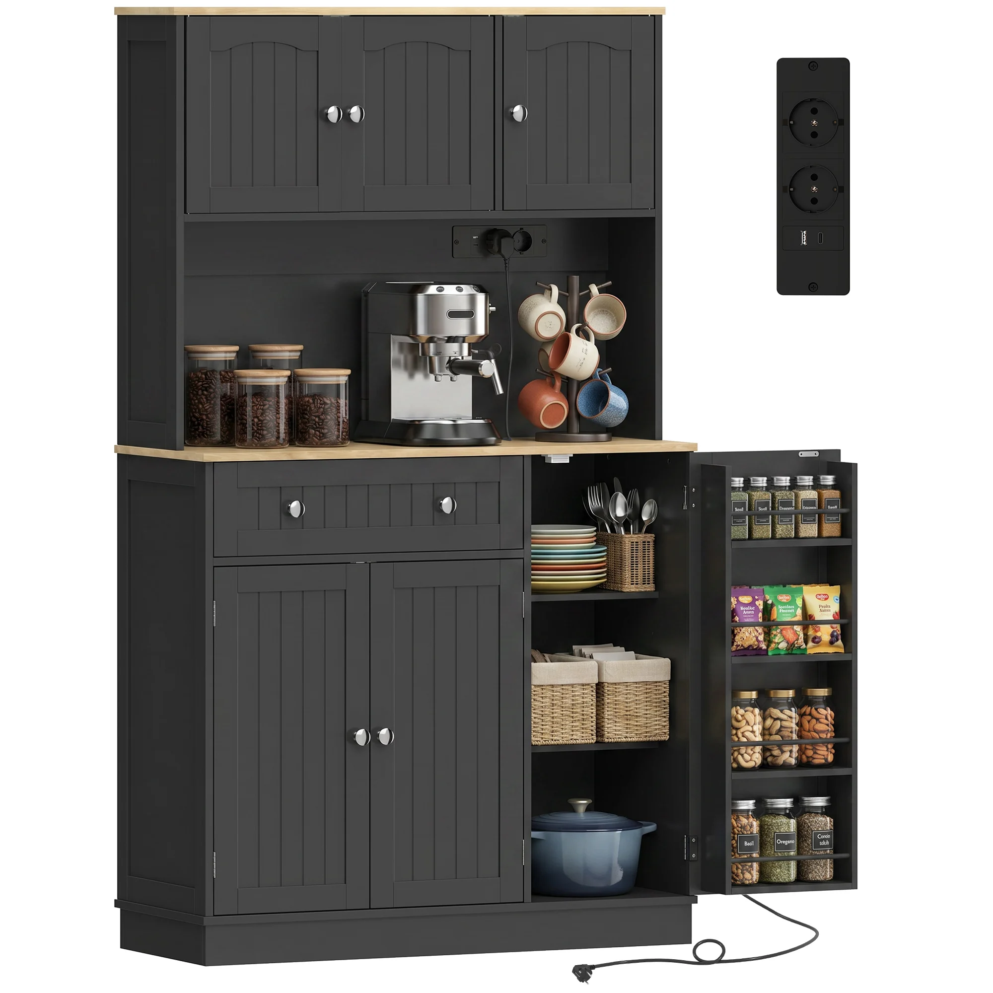 HOMCOM Buffet da cucina, armadio da cucina, stazione di ricarica, 6 ante, piano di lavoro, porta spezie, 100x40x173cm, nero