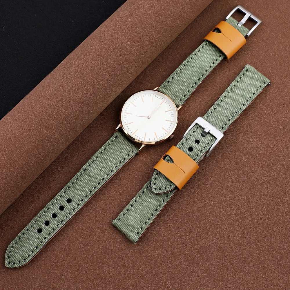 Premium Canvas Watchband 18mm 20mm 22mm 24mm Green Coffee Watch Strap Handmade Stitching Quick Release Fabric Bracelet for Me