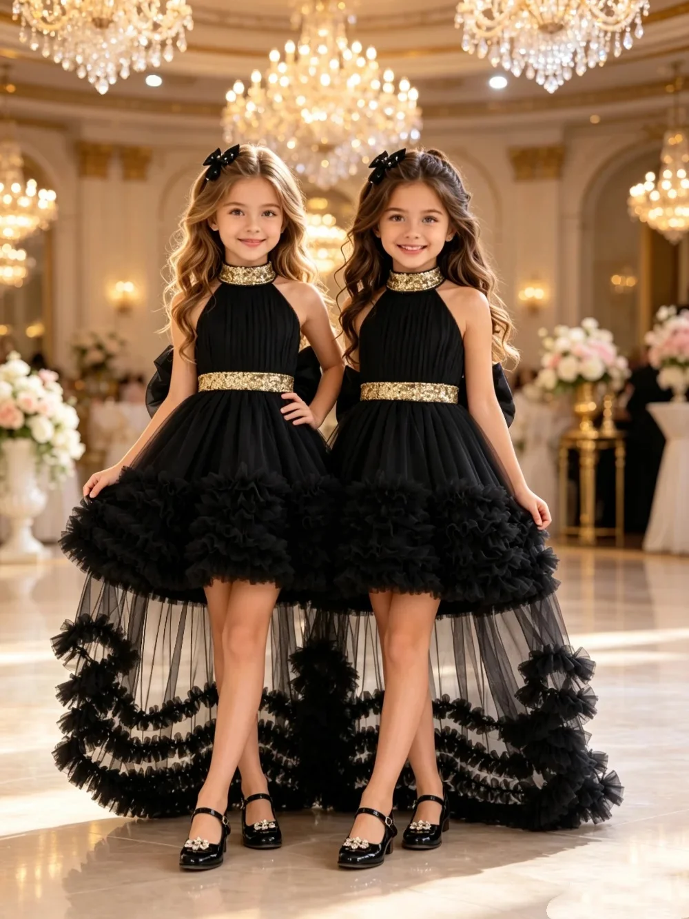 Custom Halter Neck Ruffle Tulle High Low Train Luxury Dress Women Wedding Guest Gown Kids Birthday Party Outfit for Pageant