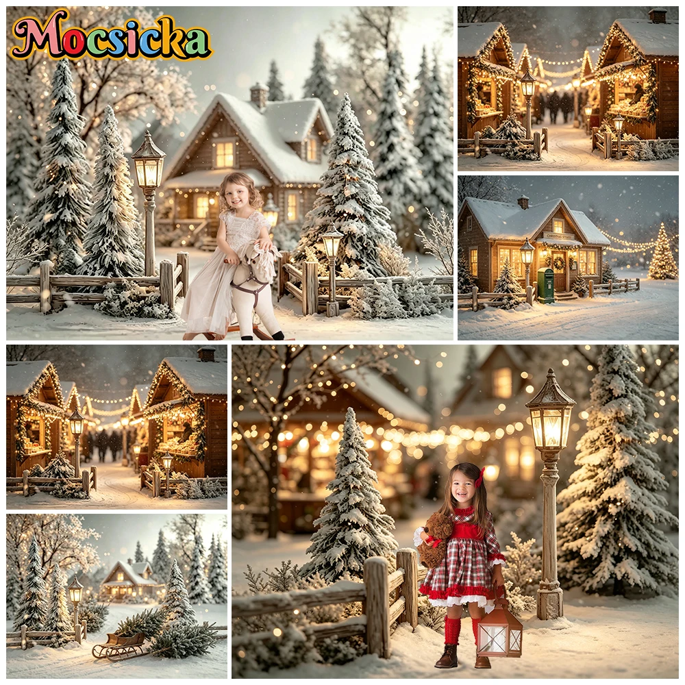 Mocsicka Photography Backdrop Christmas Winter Snow Cabin Snowy Tree Wooden House Street Lamp Bokeh Background Xmas Party Decors