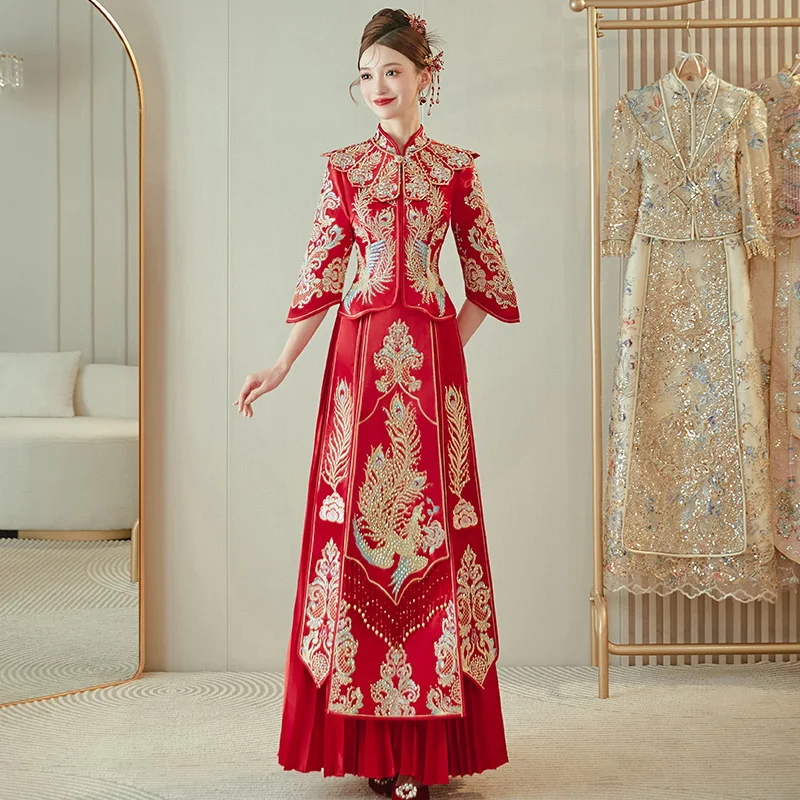 

Retro Bride Dressing Gown Traditional Chinese Wedding Dress Phoenix Embroidery Cheongsam Mandarin Collar Qipao китайская одежда