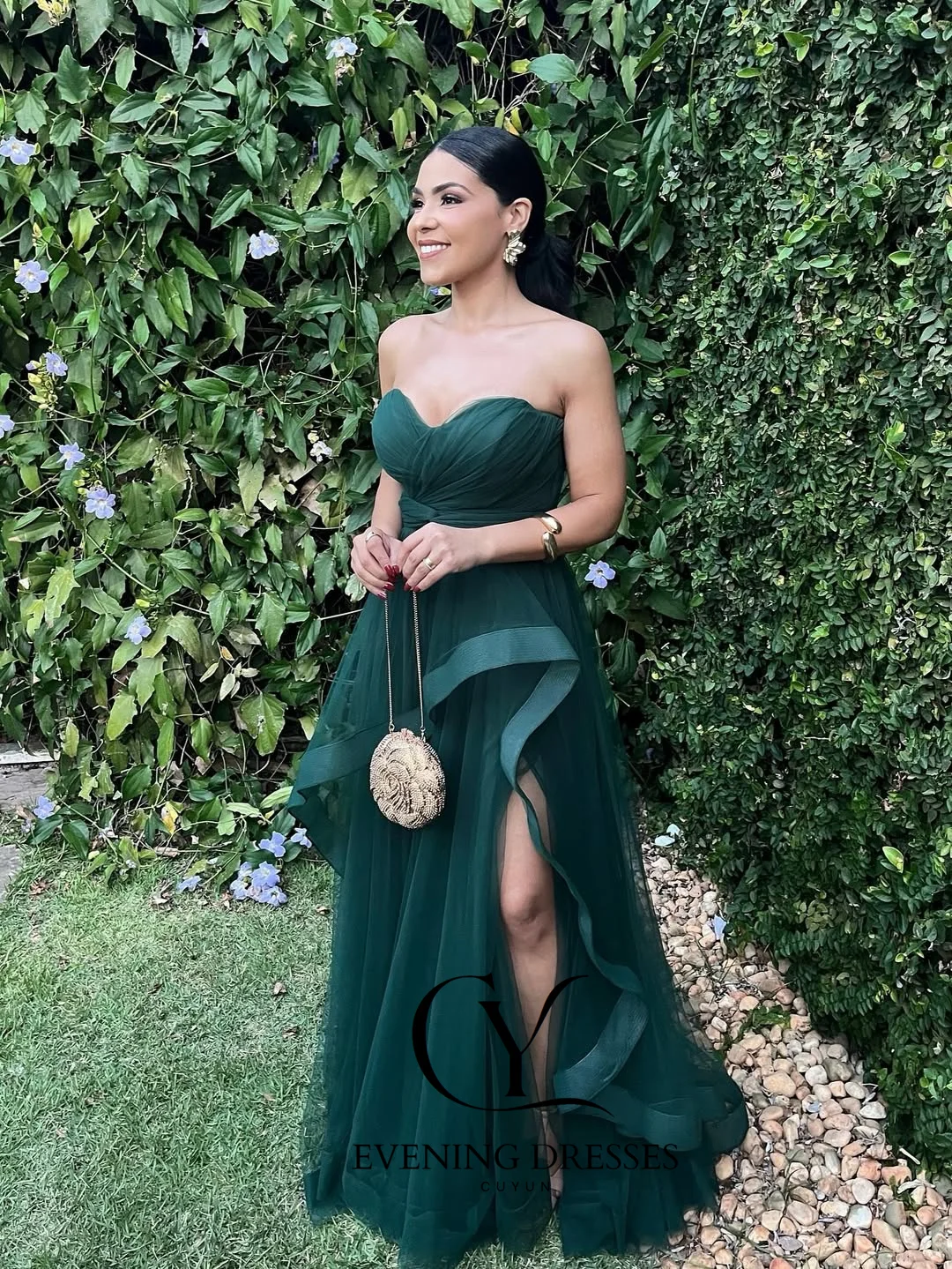 CUYUN 여성 정장 드레스 공식 행사용 스트랩리스 사이드 슬릿 프로무 드레스 맞춤형 부드러운 튤 우아한 파티 가운