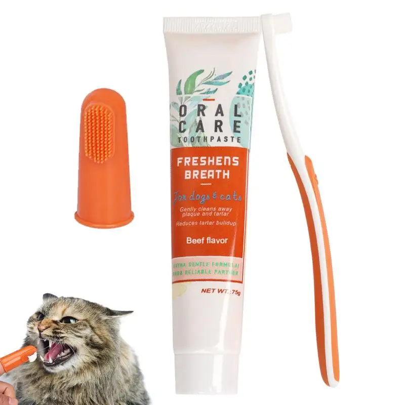 Juego de cepillo de dientes y pasta de dientes para Limpieza de dientes de gato de ternera, pasta de dientes de vainilla, cepillo de dientes de dedo, limpieza de lengua, accesorios para mascotas