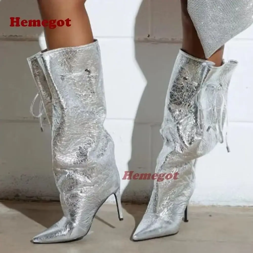 

Серебряные сапоги до колена на шпильке с острым носком, женские длинные сапоги без шнуровки, повседневная обувь в стиле пэчворк, элегантная роскошь, 2025 г.