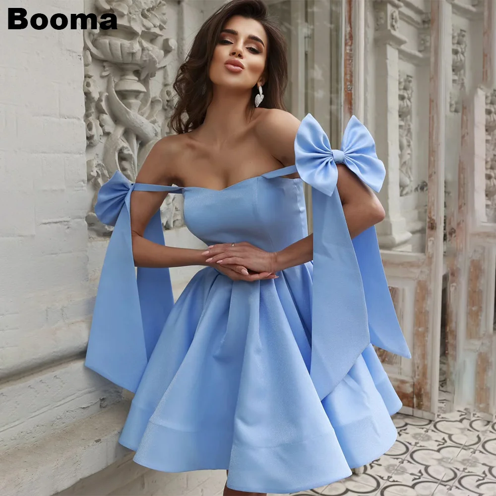 Booma Sky Blue A-Line Prom Dresses Sweetheart Sleeveless Satin Ccoktail Dress with Big Bow Lace Up Homecomiing Party Gowns