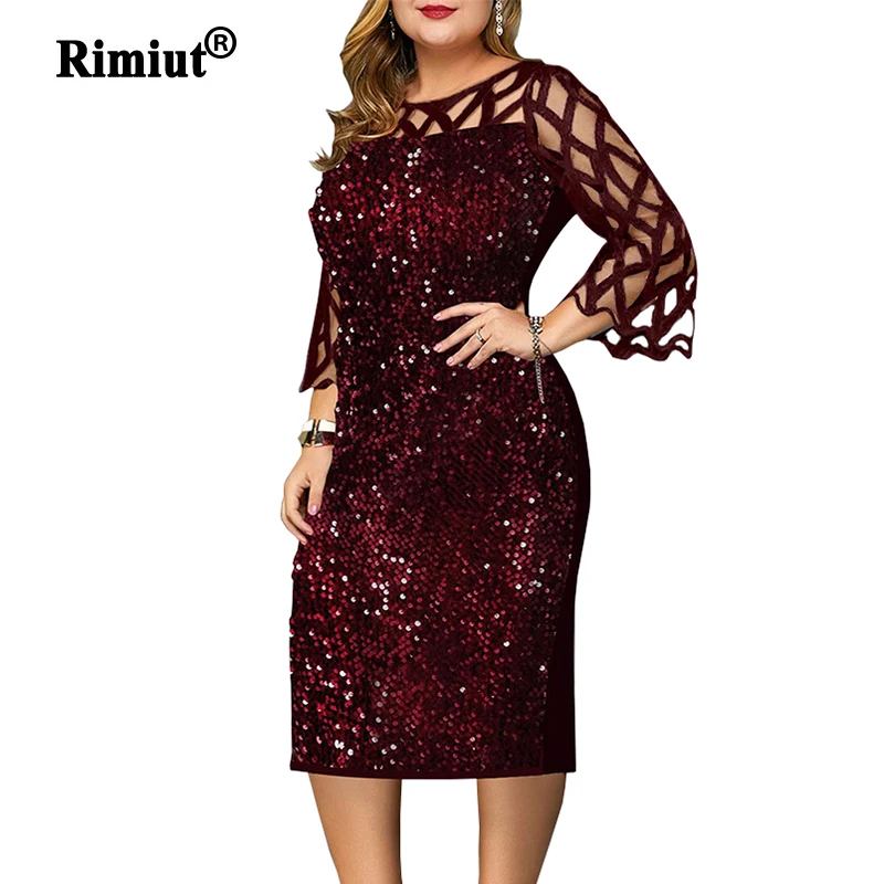 S-5XL de talla grande con lentejuelas para mujer, vestidos de otoño con manga de encaje brillante, ropa informal Sexy para mamá, cuello redondo