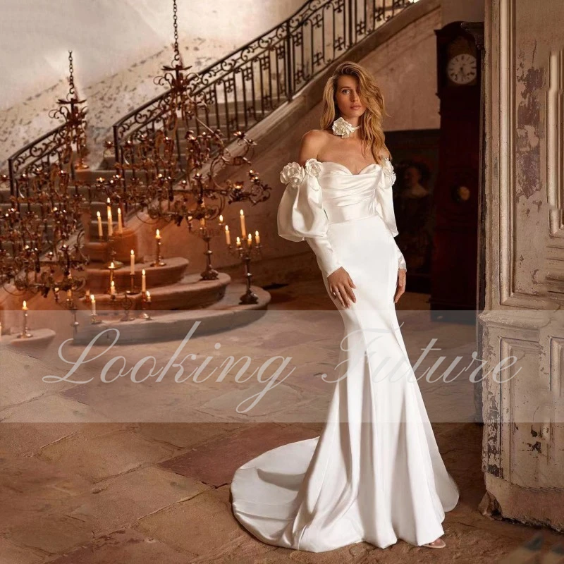 Abiti da sposa eleganti a sirena a strati con scollo a cuore pieghe fiori 3D mezza manica svasata abito da sposa strascico senza schienale personalizzato