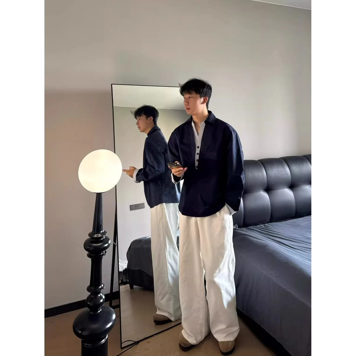 

Ele Vintage Men's Long Sve V-Ne irt Fake Two-Piece Workwear Jaet Faionable Urban Sle Polyester Fiber Spring