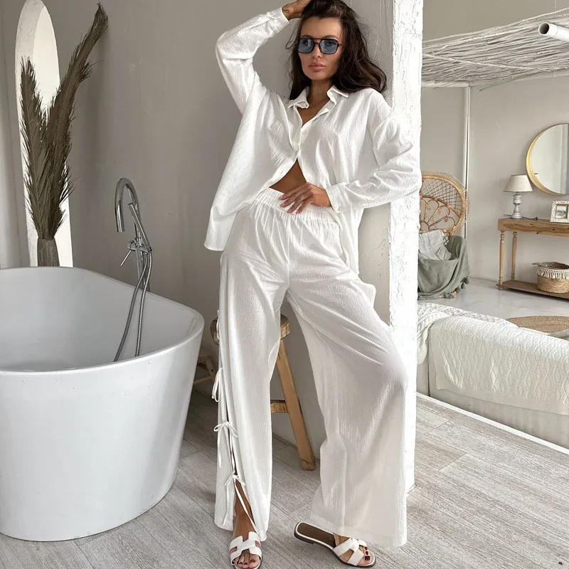 2025 Autumn Comfortable And Casual Home Women's Suits Fashion Solid Color Loose Shirt Side Lace-up Hollow Design Trousers Suit