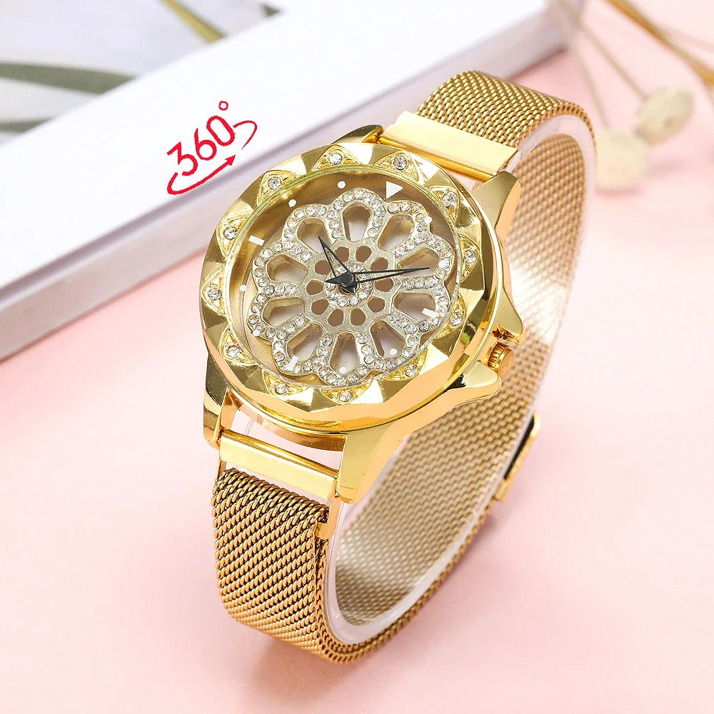 Women Watch Mesh Magnet 360 Degree Rotating Dial Ladies Watch Luxury Fashion Diamond Quartz Watch for Women Clock Relogio Femino