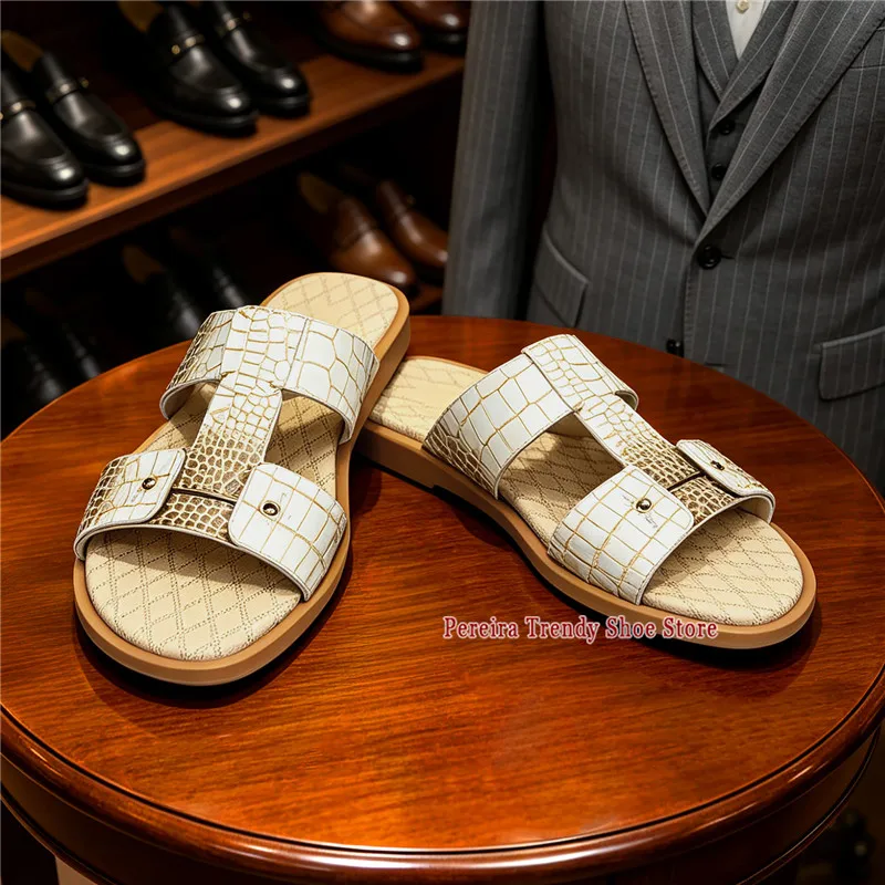 Luxury Gold Cowhide Slippers for Men British Crocodile Pattern Embossed Round Toe Casual Flats Summer Beach Shoes Large Size