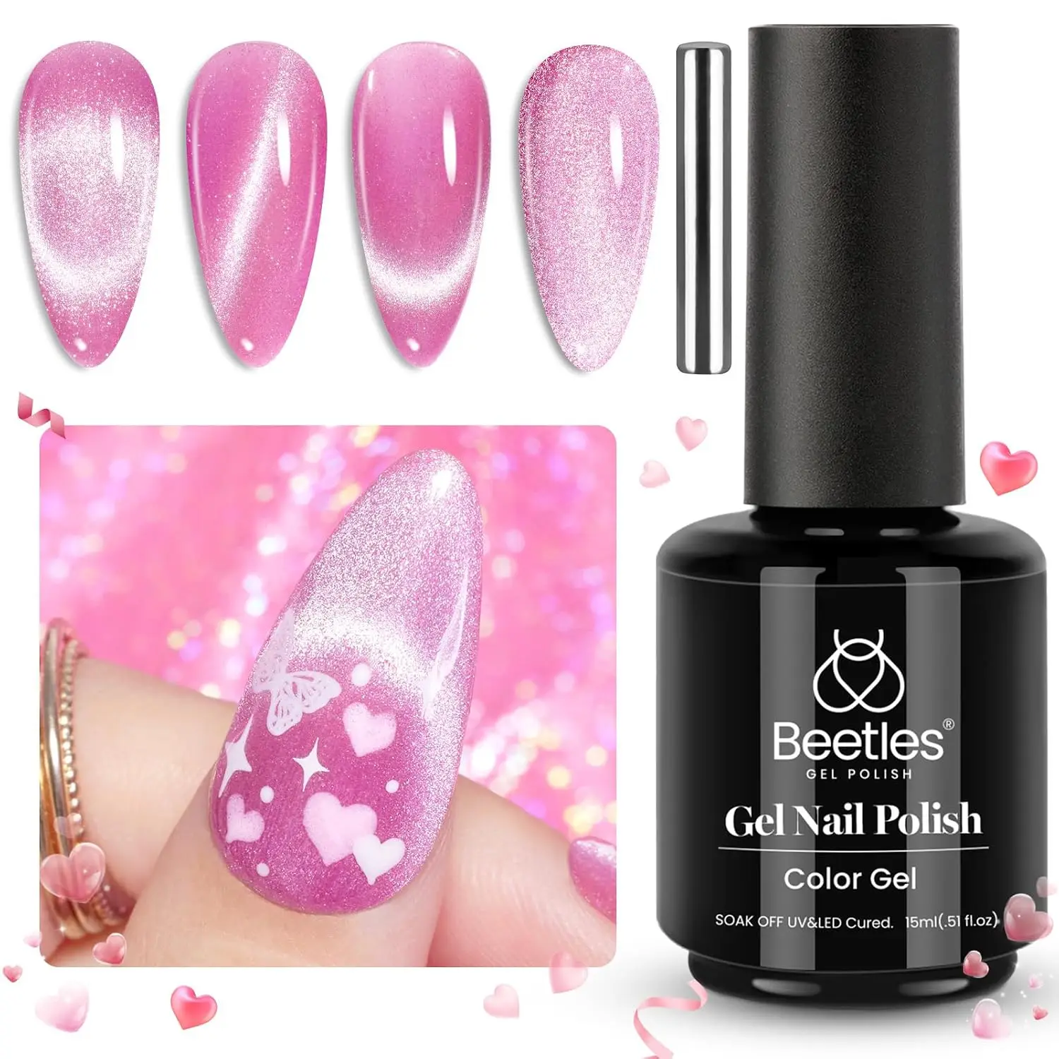 Beetles Pink Cat Eye Gel Nail Polish 15ml Glitter Magnetic Velvet Effect Soak Off UV LED French Nail Art Manicure Flatters All Skin Tones  Long Lasting Chip Resistant Soak Off UV LED DIY HEMA-Free