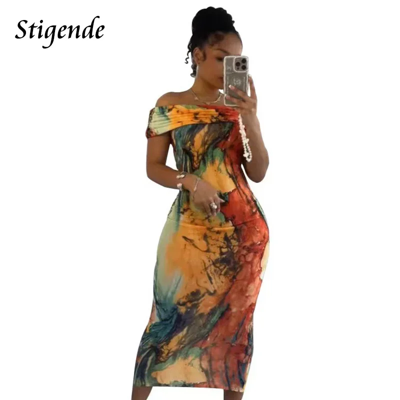 Stigende Stylish Slash Neck Skinny Midi Pencil Dress Women Sexy Off Shoulder Tie Dye Print Dress