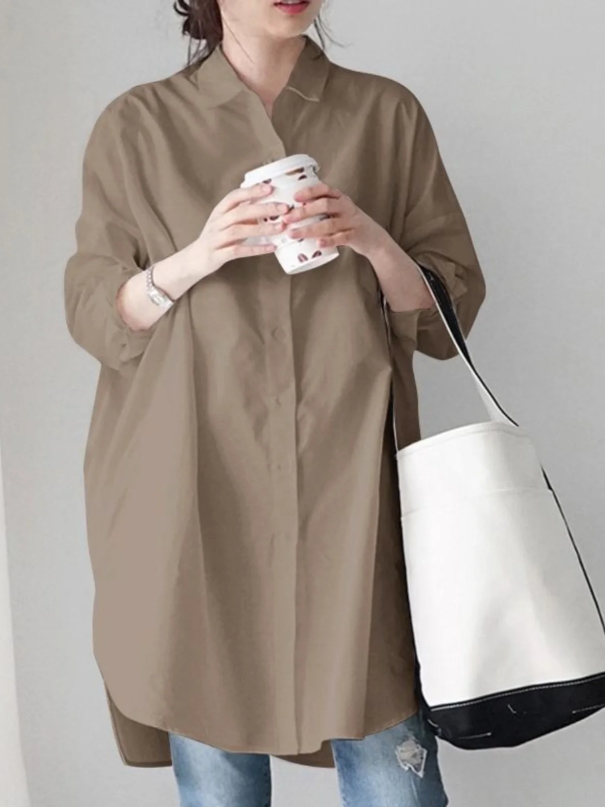 

Loose Fit Long Sve Pure Cotton Casual irt Korean Sle OL Wind Mid-Length Versatile irt for Young Women 8-24 Years Old